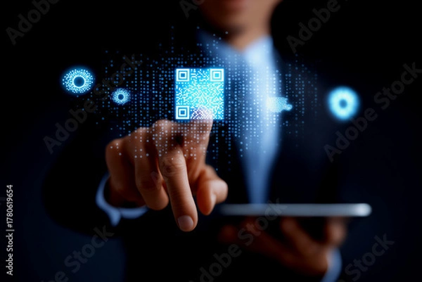 Obraz A person interacts with a digital interface, highlighting a QR code against a dark background, symbolizing technology and connectivity.