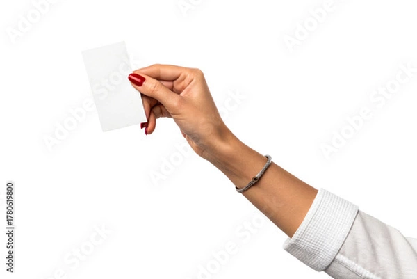 Fototapeta Woman's hand holding blank card with red fingernails
