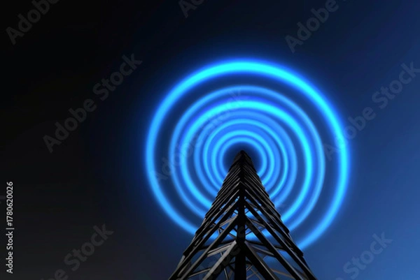 Obraz A tall radio tower emits blue circular waves against a dark background, symbolizing communication and technology.
