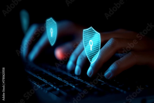Fototapeta A person typing on a keyboard, with digital shields representing cybersecurity and privacy protections glowing above their hands.