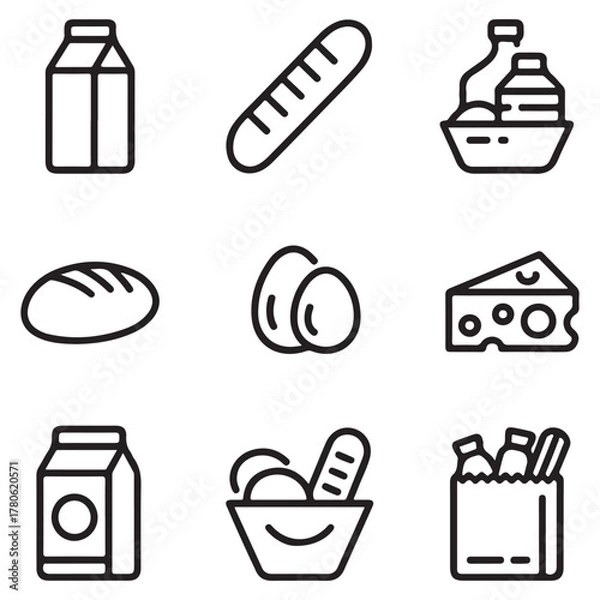 Obraz Grocery Bag and Basket Line Icons – Shopping Outline Vector Pack