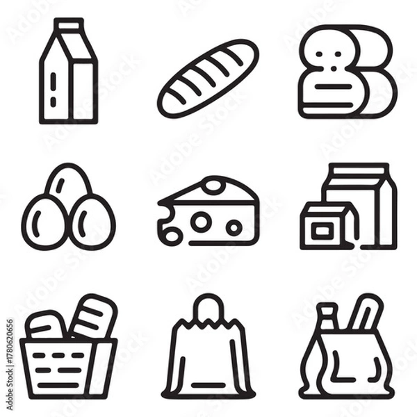 Obraz Black and White Grocery Line Icons – Clean Outline Vector Set