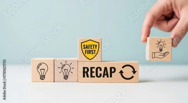 Obraz Hand placing wooden block with icon on recap and safety first concept