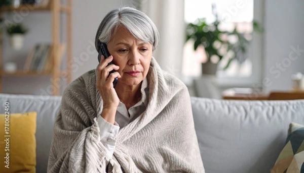 Fototapeta Concerned Senior Woman Talking on Smartphone Wrapped in Blanket at Home