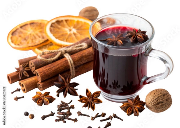 Obraz Hot mulled wine glass cinnamon spice nutmeg clove, cut out transparent