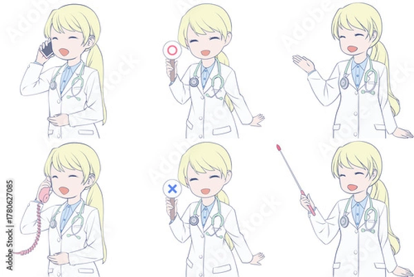 Obraz 電話をかける、マルバツ棒を持つ、案内する若い女性医師。可愛いドクターのクリップアート6点セット