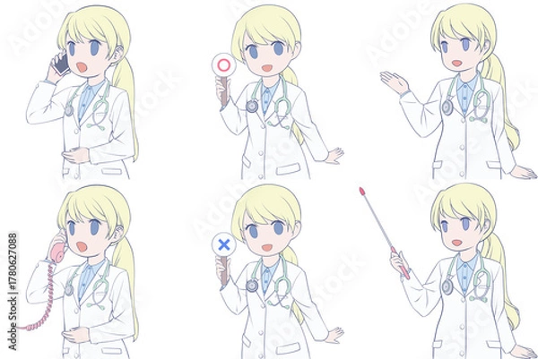 Obraz 電話をかける、マルバツ棒を持つ、案内する若い女性医師。可愛いドクターのクリップアート6点セット