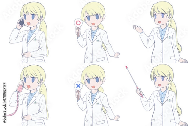 Obraz 電話をかける、マルバツ棒を持つ、案内する若い女性薬剤師。白衣を着た女性のクリップアート6点セット