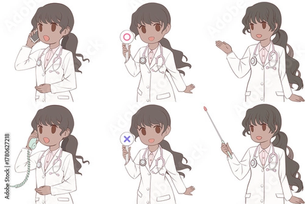 Obraz 電話をかける、マルバツ棒を持つ、案内する若い女性医師。可愛いドクターのクリップアート6点セット