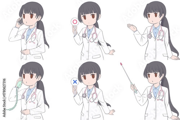 Obraz 電話をかける、マルバツ棒を持つ、案内する若い女性医師。可愛いドクターのクリップアート6点セット
