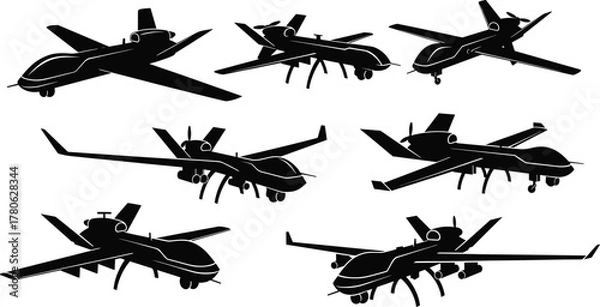 Fototapeta MQ-9 Reaper drone silhouettes, military UAV vector set, unmanned aircraft views, black graphic design, surveillance and defense concept