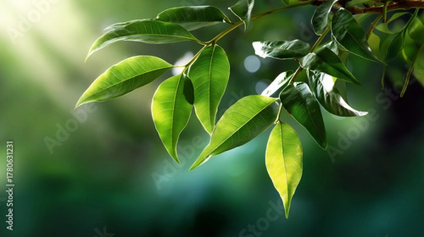 Fototapeta Defocused close-up of leaves backlit by the sun, glowing edges and soft green gradients, representing life and oxygen, with copy space