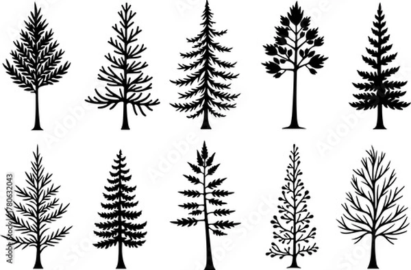 Obraz Vintage Evergreen Tree Silhouette Set