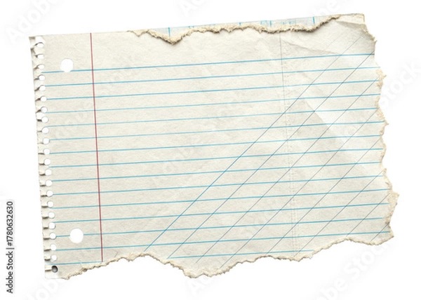 Fototapeta Torn aged spiral notebook paper lines holes isolated, cut out transparent