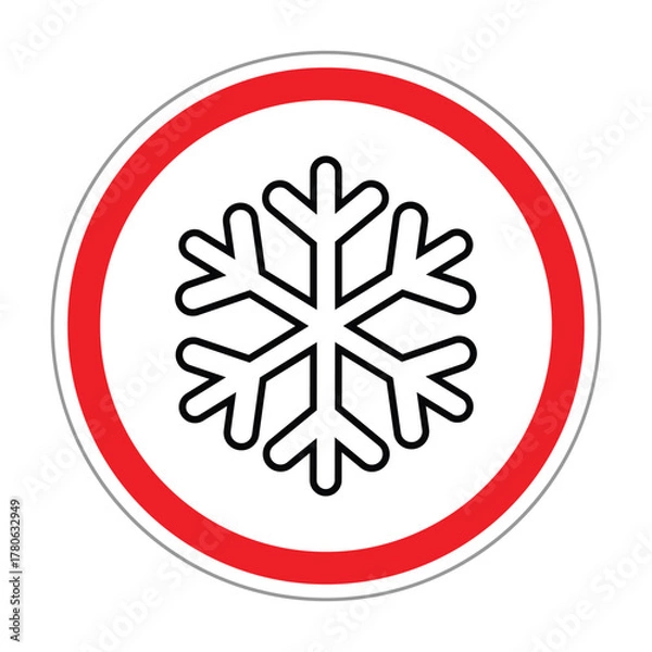 Obraz Circular warning sign with a black snowflake icon inside a red border on a white background. Symbol represents icy or cold conditions, frost warning, winter hazard, and safety alert.