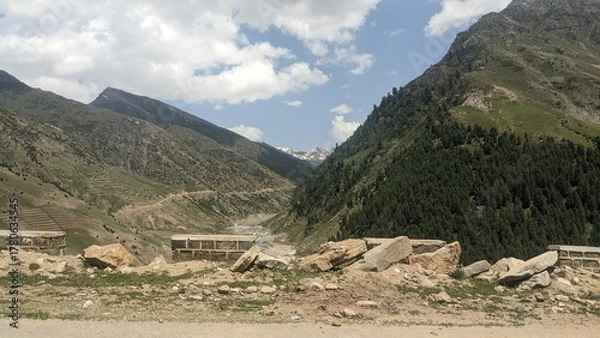 Fototapeta Majestic mountain pass with winding road and lush green slopes under a cloudy sky.
