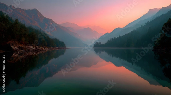 Fototapeta Quiet sunrise over mountain lake mirroring soft pink light and stillness 