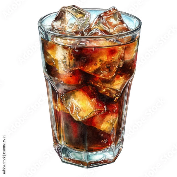 Fototapeta Refreshing Cola: A vibrant watercolor of a glass filled with ice and fizzy cola.