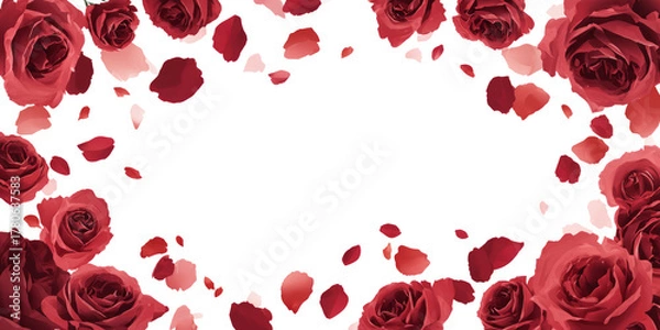 Fototapeta Crimson Roses Frame: Dramatic floral border of red roses and petals against a stark black backdrop.