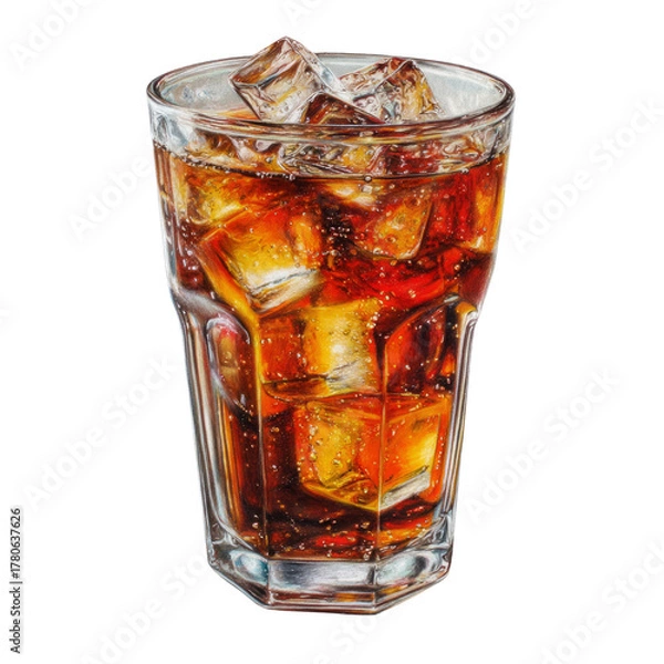 Fototapeta Refreshing Cola: Ice-Cold Delight in a Glass on Black Backdrop