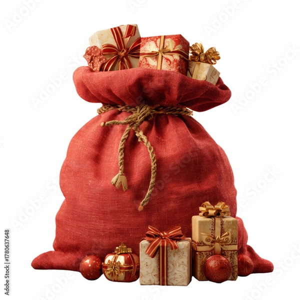 Obraz Santa's overflowing bag: Christmas presents & ornaments against black backdrop.