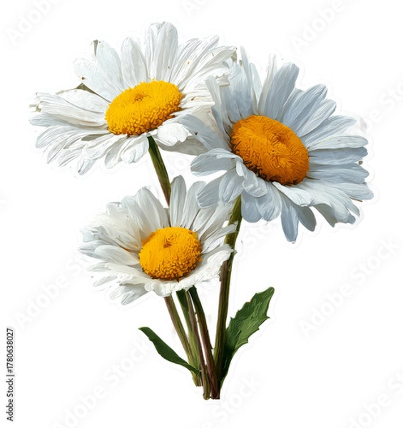 Fototapeta Daisy Trio: White petals, bright yellow centers on stark black backdrop, artful.