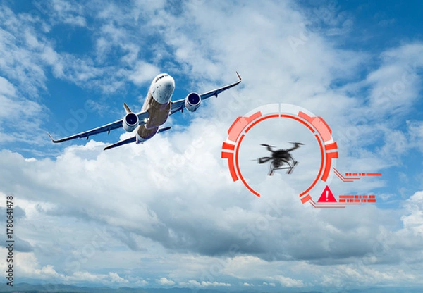 Obraz Commercial Airplane Flying Past Warning Graphic of Unauthorized Drone Detected Near Airport Airspace.
