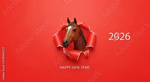 Obraz The picture shows a horse looking through a hole in red paper, next to it are the numbers 2026, and under the horse is the inscription "Happy New Year." New Year's Holiday Concept