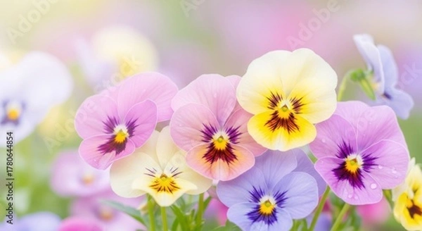 Obraz Soft focus pastel pansies in a garden