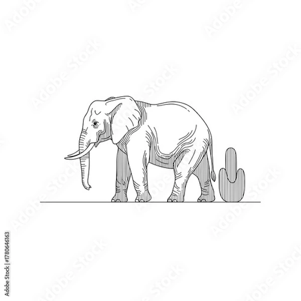 Fototapeta Elephant standing beside cactus in minimalist line art style  