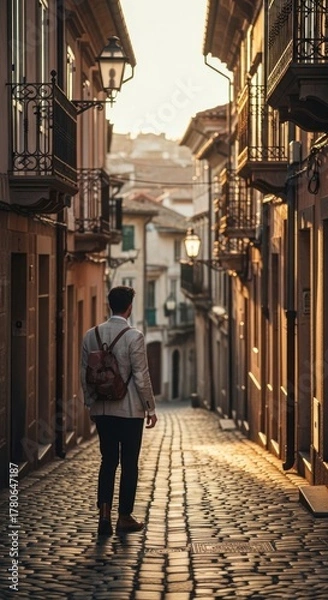Fototapeta Rear view of a solitary traveler exploring the historic, narrow cobblestone alleyways of a charming European village at sunset