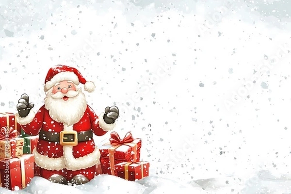 Fototapeta A snowy white scene showing cartoon Santa beside a blank letter.