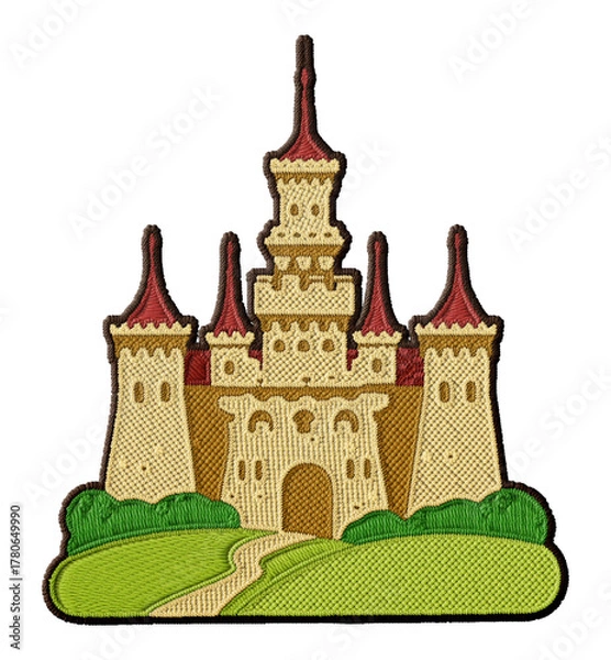 Fototapeta Simplified fairy tale castle embroidery patch illustration isolated on transparent background