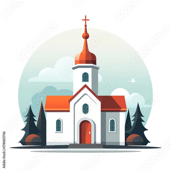 Fototapeta A serene church with a tall spire, surrounded by trees, showcasing beautiful architectural design against a calm sky.