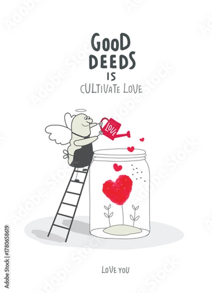 Obraz Vector cartoon sketch of Angel who cultivate love. Self-Love, Mental Health, and positive Psychotherapy. Concept of assistance, care, philanthropy and support. Giving and sharing love, donating.