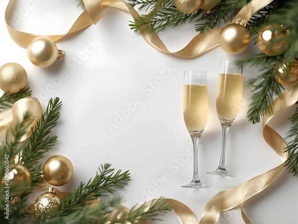 Obraz Image of a minimal festive flat lay composition: glistening golden ribbons and fresh green pine branches. Two elegant champagne flutes are placed artfully on a pristine white background