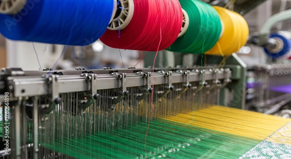 Fototapeta Fabric production: intricate loom weaving colored patterned textiles