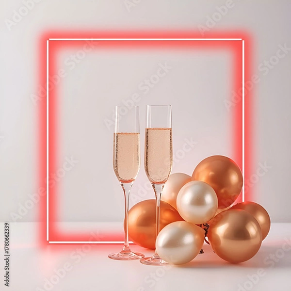 Obraz Vibrant red glowing frame adorned with delicate stems and subtle sparkles.