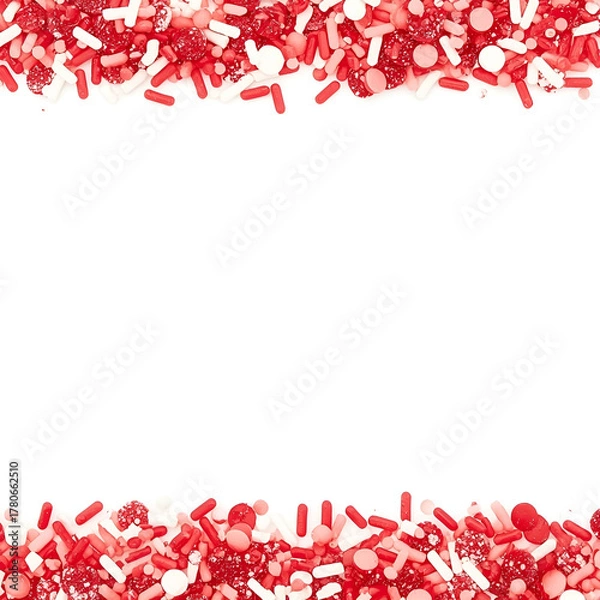 Obraz Vibrant candy sprinkle border featuring intricate red, pink, and white sweets.