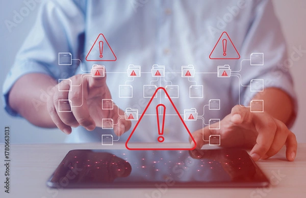 Fototapeta Cybersecurity warnings, online scams, cybercrime risks, fraud prevention, digital security awareness