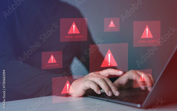 Fototapeta Cybersecurity warnings, online scams, cybercrime risks, fraud prevention, digital security awareness