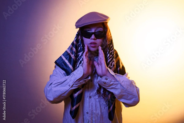 Obraz Stylish woman wearing beret and sunglasses posing in studio