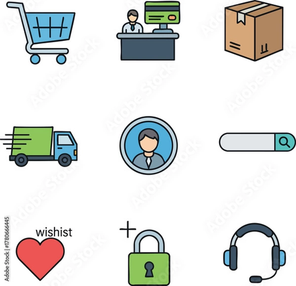 Obraz A collection of flat design icons representing online shopping, including a shopping cart, delivery truck, search bar, user profile, and payment methods