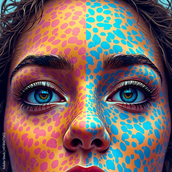 Fototapeta Woman's face with colorful dots creating vibrant, abstract skin pattern, close up portrait