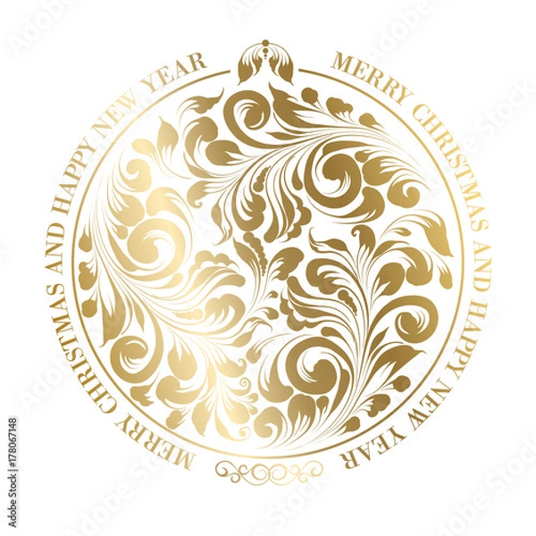 Fototapeta Happy new year card with a golden toy from various flower swirls isolated over white background. Vector illustration.