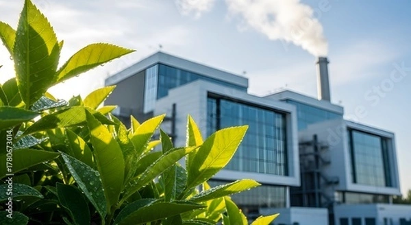 Obraz Modern industrial building with a chimney emitting smoke, framed by vibrant green foliage against a bright blue sky.