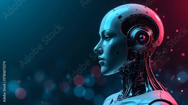 Obraz Futuristic robot head with intricate details on dark background  