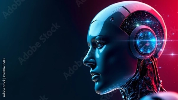 Obraz Futuristic robot head with glowing digital elements on dark background  