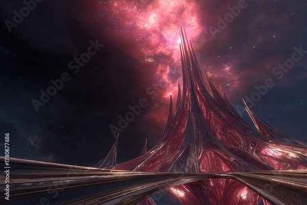 Fototapeta Abstract Futuristic Space City With Glowing Red Structures