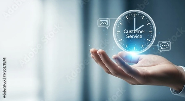 Fototapeta Hand Holding Clock with Icons Representing Customer Service and Communication Concepts